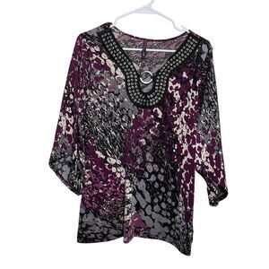 Judith Blouse Women's 1X Purple Floral Round Neck Keyhole 3/4 Sleeve Y2k
